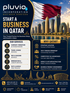Start a Business in Qatar promotional banner by Pluvio Incorporation showcasing Qatar's skyline, national flag, company formation services, trade licensing, PRO services, immigration support, and business setup solutions for entrepreneurs and investors.