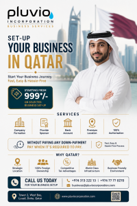Business setup services in Qatar by Pluvio Corporate Business Services featuring company registration, trade licensing, PRO services, and fast business formation support.