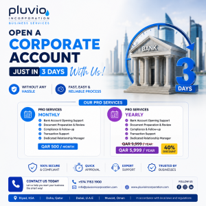 Corporate bank account opening service in Qatar by Pluvio Incorporation with fast account setup, compliance support, document preparation, and business banking assistance.