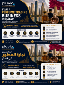 Pluvio Incorporation promoting perfume trading business setup services in Qatar with company formation, trade licensing, documentation assistance, immigration support, and 100% foreign ownership benefits.