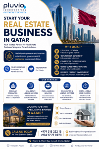 Pluvio Incorporation promoting real estate business setup services in Qatar with company formation, real estate licensing, immigration support, and 100% foreign ownership opportunities.