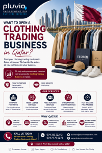 Pluvio Incorporation promoting clothing trading business setup services in Qatar with company formation, trade licensing, immigration support, and 100% foreign ownership benefits.