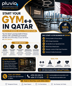 Gym business setup in Qatar with Pluvio Corporate Business Services offering company formation, gym licensing, PRO services, and business consulting solutions.