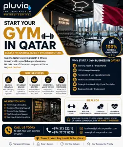Gym business setup in Qatar with Pluvio Corporate Business Services offering company formation, gym licensing, PRO services, and business consulting solutions.