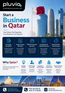 Pluvio Corporate Business Services business setup and company formation services in Qatar featuring Doha skyline, trade license, PRO services, and immigration support.