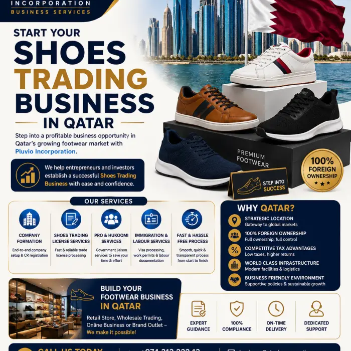 Pluvio Incorporation promoting shoes trading business setup services in Qatar with company formation, trade licensing, immigration support, and 100% foreign ownership opportunities.