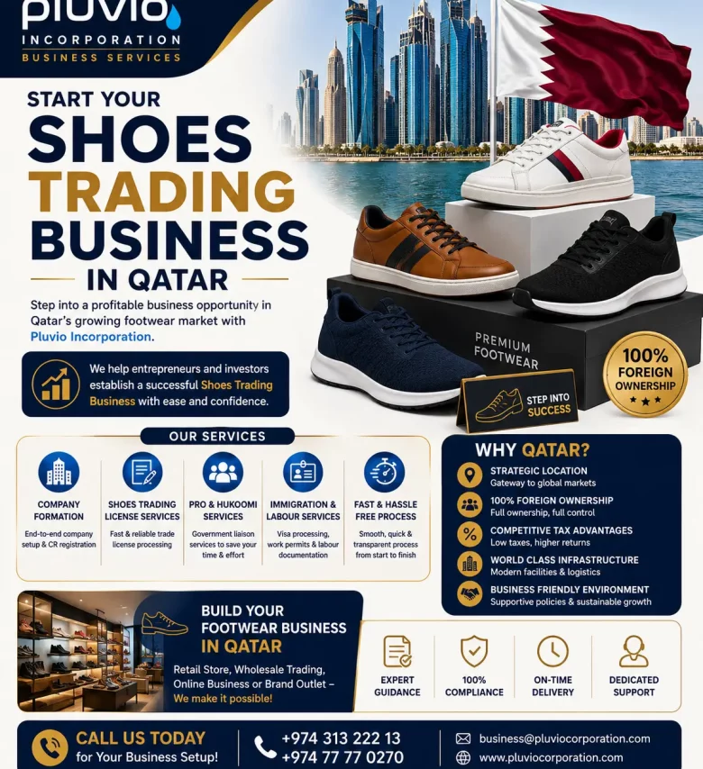 Pluvio Incorporation promoting shoes trading business setup services in Qatar with company formation, trade licensing, immigration support, and 100% foreign ownership opportunities.
