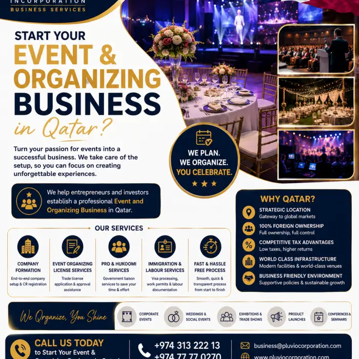 Professional event organizing and event management business setup promotion in Qatar by Pluvio Incorporation Business Services, highlighting company formation, event organizing licensing, PRO services, immigration support, and 100% foreign ownership opportunities in Qatar.