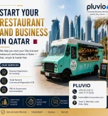 Qatar real estate business setup advertisement featuring a Qatari sponsor, Doha skyline, waterfront development, and company formation services by Pluvio Corporate Business Services.