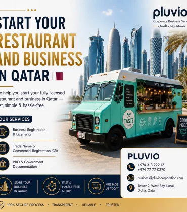 Qatar real estate business setup advertisement featuring a Qatari sponsor, Doha skyline, waterfront development, and company formation services by Pluvio Corporate Business Services.