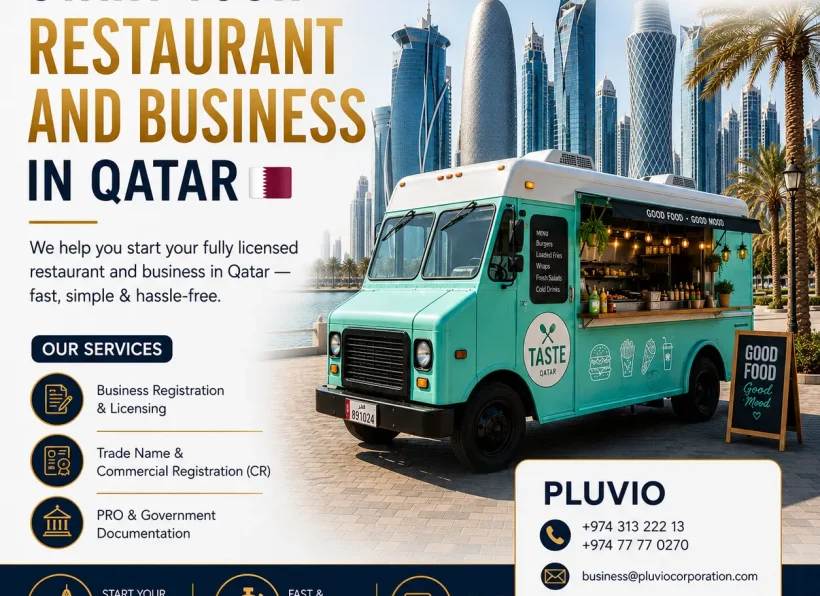 Qatar real estate business setup advertisement featuring a Qatari sponsor, Doha skyline, waterfront development, and company formation services by Pluvio Corporate Business Services.